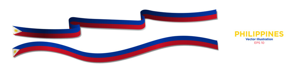 3d Rendered Philippines Flag Ribbons with shadows. Filipino flags. Long Flag of Philippines Set. Curled and rendered in perspective. Graphic Resource. Editable Vector Illustration.
