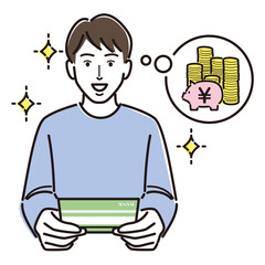 通帳を見て喜ぶ男性