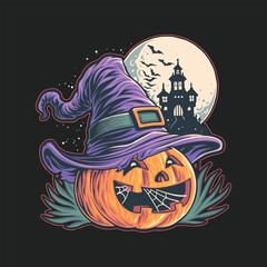 pumpkin witch in halloween night illustration