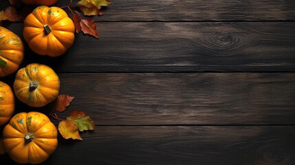 Pumpkins and autumn leaves on dark wood background top view angle, copy space. Generative AI