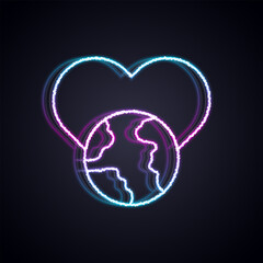 Glowing neon line The heart world - love icon isolated on black background. Vector