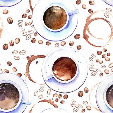 Seamless pattern with coffee cups, beans and stains. Watercolor illustration on white background.