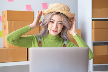 A cute Asian female blogger reviews products and camcorders on a home network, sells online, and...