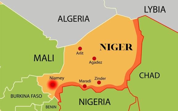 Map of Niger, Africa and borders highlighted. Cities and borders color red for conflict tension.