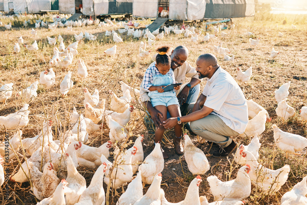 Wall mural Family, chicken farm and hug in countryside with sustainability, agriculture help and kid. Gay parents, farming and child together with parent love and support with bird and animal stock in field