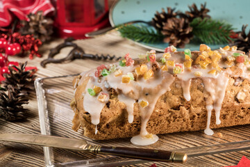 Traditional Christmas cake with candied fruit, raisins and fruits.