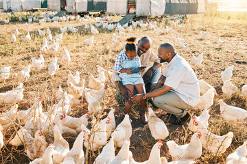 Family, chicken farm and hug in countryside with sustainability, agriculture help and kid. Gay...