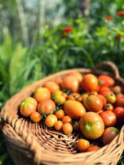 fresh tomatoes, harvested tomatoes in a basket, summer harvest, tomatoes of various sizes, small tomatoes, harvest from the garden