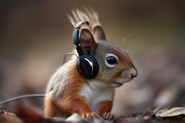 a squirrel wearing earphones