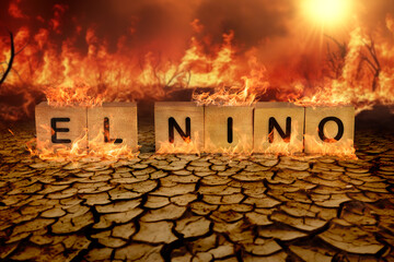 Wooden block of El Nino on the cracked mud and wild fire background. climate change and global warming concept - obrazy, fototapety, plakaty