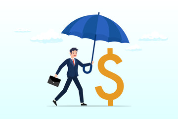 Confidence businessman holding big umbrella covered dollar sign money, income protection insurance, protect money or investment wealth, secure savings in economic crisis (Vector)