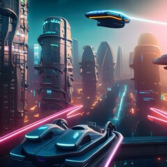 Futuristic cityscape with flying cars and neon-lit buildings , abstract background wallpaper 