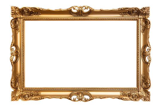 Gold frame for a picture in a classic baroque style on a white blank background.	