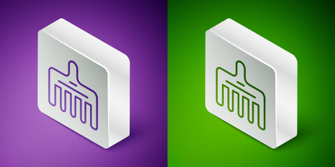 Isometric line Hairbrush icon isolated on purple and green background. Comb hair sign. Barber symbol. Silver square button. Vector