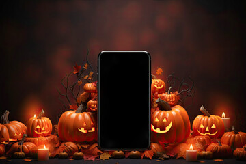 Mobile phone with blank black screen with jack-o'-lantern pumpkins with burning candles on dark background.