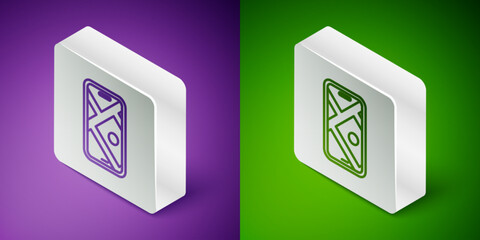Fototapeta premium Isometric line Infographic of city map navigation icon isolated on purple and green background. Mobile App Interface concept design. Geolacation concept. Silver square button. Vector