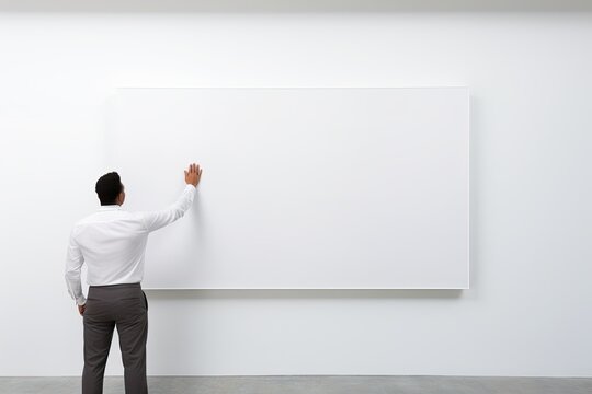 View from the back of a businessman man stands at a white blank board on a white wall.