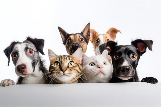 Selfie of a group of dogs and cats peeking over a light wall on a white background. Banner concept for pet shop or veterinary clinic.