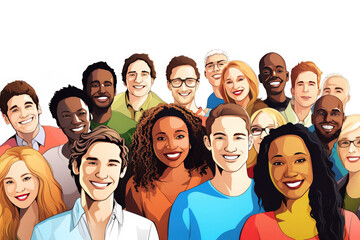 Selfie illustration of a multi-ethnic group of people of different genders on a white background.