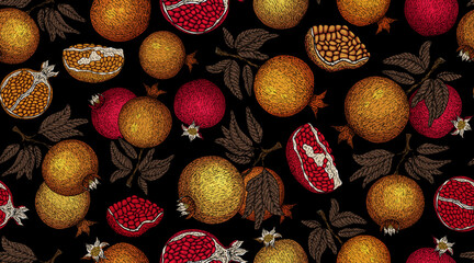 Pomegranate pattern. Pomegranate plant branch with fruits. Vintage Pomegranates illustration. Hand drawn ink style fruit background. Pomegranate tree, ripe fruit. Rosh hashanah print. Textile, fabric 
