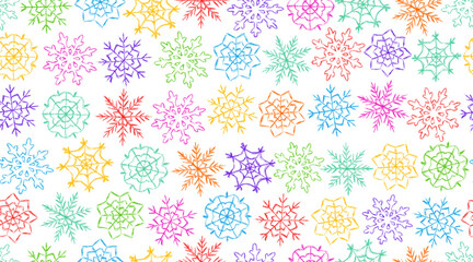 Chalk snowflakes pattern.Children drawing crayon style snowflake print.Hand drawn wax crayons art on red backdrop.New year and Merry Christmas snowflakes.Color pastel crayons freehand drawn snowflake