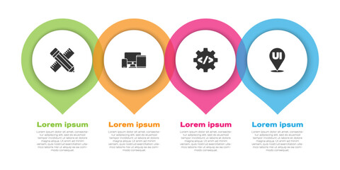 Set Crossed ruler and pencil, Monitor, mobile, tablet, Front end development and UI UX design. Business infographic template. Vector