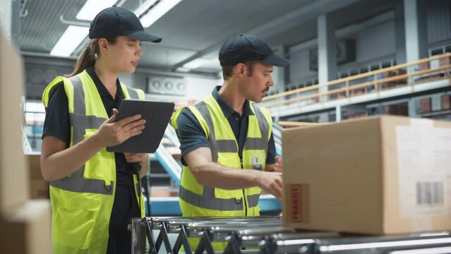 Caucasian Female Stocking Associate And Male Warehouse Worker Talking, Using Tablet In Logistics Facility. Woman Using Barcode Reader, Man Loading Cardboard Boxes On Automated Conveyor Belt.