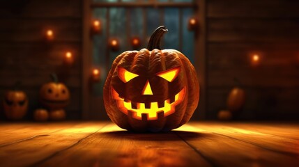 Halloween pumpkin head jack lantern on wooden background. Generative AI