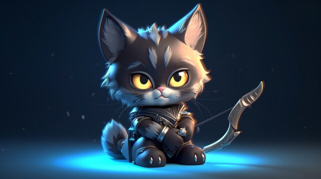 a cute tiny hyperrealistic cat with fantasy archer.Generative AI