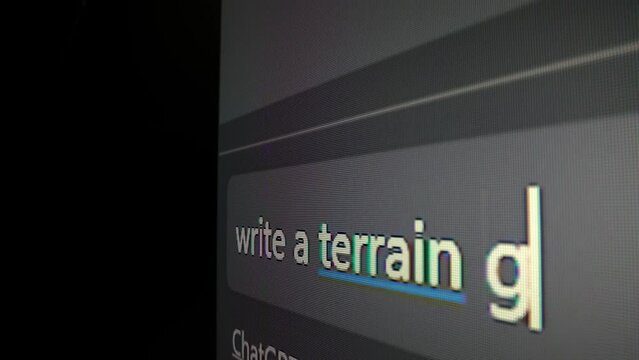 Closeup macro shot movement of coding script moving across LED screen with real-time AI-generated typing, showcasing advanced AI learning in optimization, debug and coding for software development.