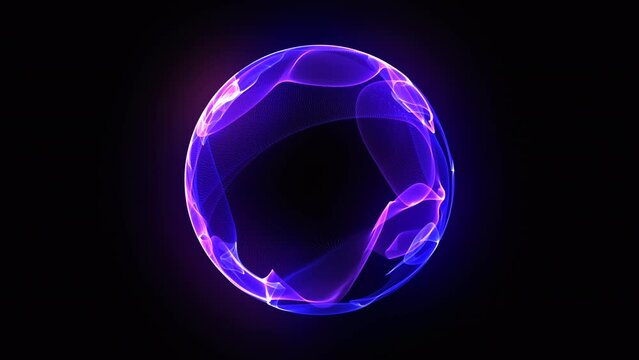 Bright glowing rotating particle 3d sphere. Abstract technology, science, engineering and artificial intelligence background. Animated wave energy orb. Virtual assistant. Purple and blue. 4k loop.