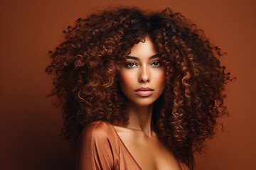 Generative AI illustration of amazing diversity ethnicity woman with volume curly hairdress posing over colorful background
