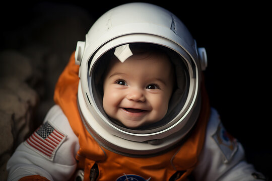 Generative ai collage image of cute baby future astronaut travel outer space in nasa gear