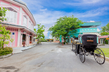 Nonthaburi, Thailand 14 May 2022: View of the colorful building at the Chomchei cafe village just...