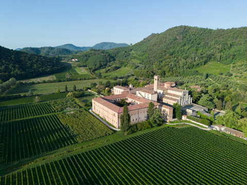 Aerial view of Benedictine monastery Abbazia di Praglia in Bresseo, Teolo by Padua in Italy as a Christianity, religion, and Catholicism concept