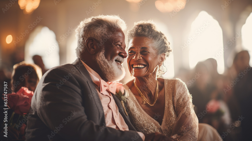 Wall mural Senior afro american man and woman getting married, senior bride and groom, mature couple - Wall murals