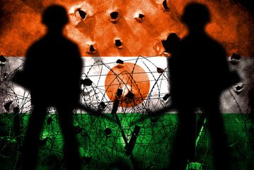 Niger flag double exposure. Symbol depicting a coup d'état. Niger coup and civil war. Suitable for...