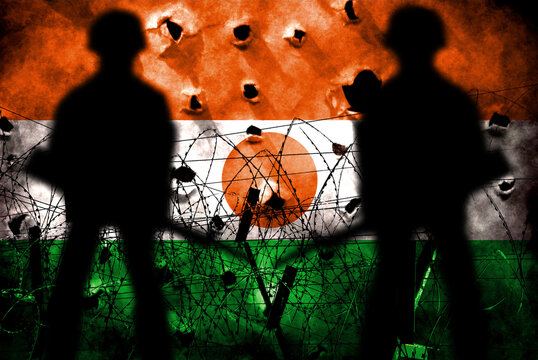 Niger flag double exposure. Symbol depicting a coup d'&eacute;tat. Niger coup and civil war. Suitable for basemaps or report descriptions