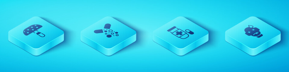 Set Isometric Fly agaric mushroom, Poisoned pill, Man poisoning and Antidote icon. Vector