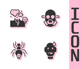 Set Man poisoning, Poisonous cloud of gas or smoke, spider and Gas mask icon. Vector
