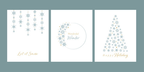 Winter holidays cards with snowflakes, illustrations and icons, lettering design collection