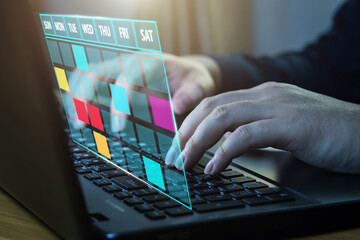 Online calendar platform. Concept of scheduling and planning weekly, appointments, events, tasks, and meetings.