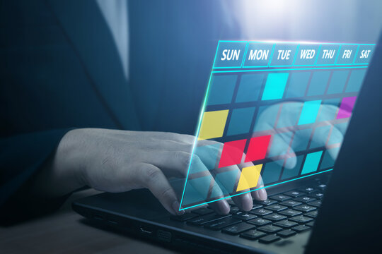 Online calendar platform. Concept of scheduling and planning weekly, appointments, events, tasks, and meetings.