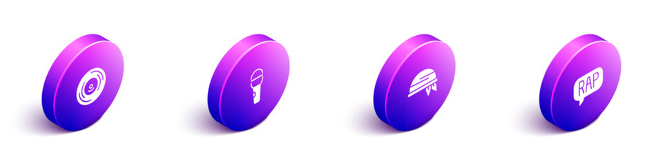 Set Isometric Vinyl disk, Microphone, Bandana and Rap music icon. Vector