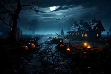 A spooky house sits isolated at the edge of a forest, lit primarily by moonlight. Likely haunted with a pumpkin patch outside. Generative AI.