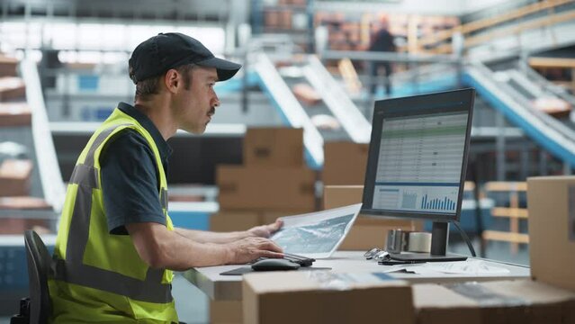 Male Stocking Associate Checking Inventory On Desktop Computer In Warehouse Facility With Automated Conveyor Belt. Sorting Center Employees Carrying Boxes to Package Products, Deliver to Clients.