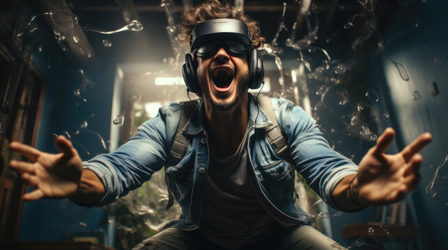Surprised young man jumping in apartment wearing a VR headset. Generative AI