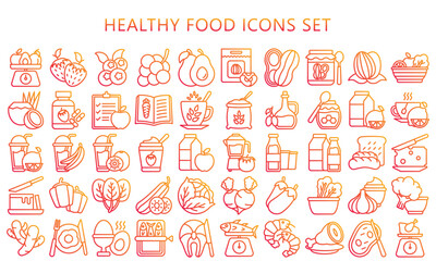 Healthy food gradient outline icons pack. contain fruit, vegetable, food, meal, salmon, meat, milk and more. use for modern concept, UI or UX kit, web and app. vector EPS 10 ready convert to SVG.