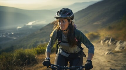 Young woman riding bicycle on beautiful mountain trail in morning, cyclist on sports bike, Generative AI