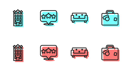 Set line Sofa, Hotel building, Five stars rating review and Suitcase icon. Vector